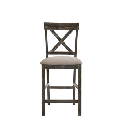Counter Height Chair  2  - Ii. Tan Linen & Gray. Elegant High-Back With "X" Wood Detail. Comfortable Seat Padding. Composite. Classic Apron Seat. For Bar. Gray And Weathered Look. Style. Padded