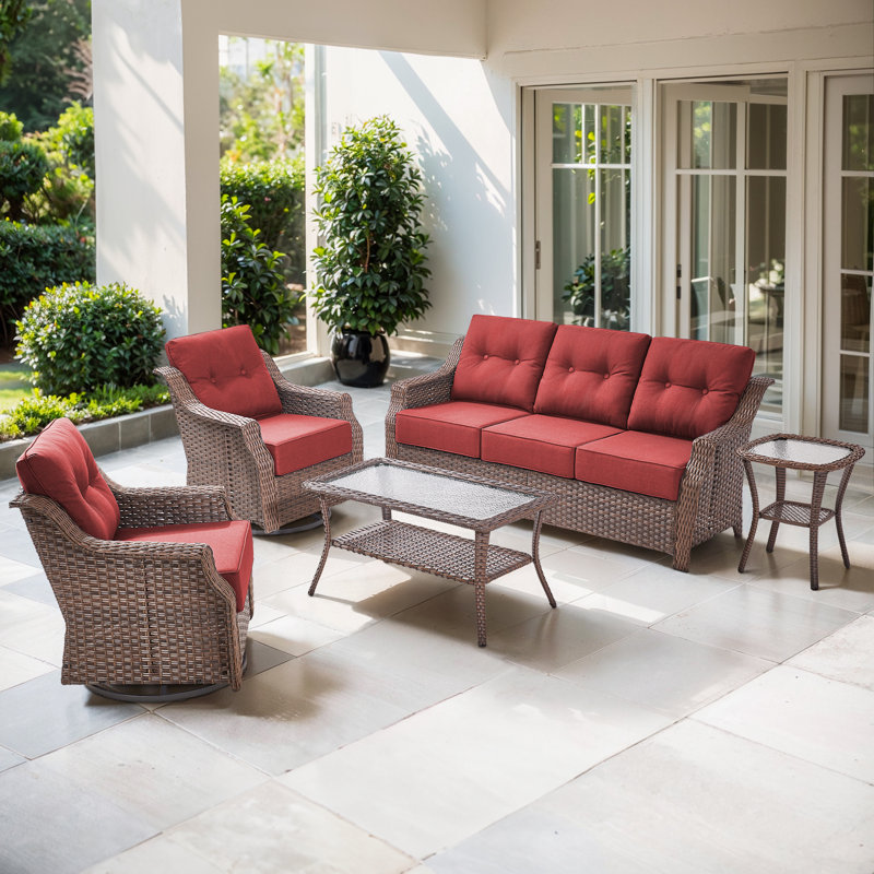 Acton 5 - Pieces Outdoor Wicker Sofa Seating Group With Table And 6" Thick Cushions, Red
