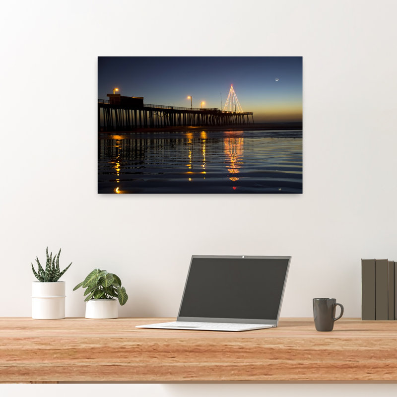 Coastal Christmas Pier Reflections Peaceful Serene Tranquil Christmas Tree Coastal Wall Art Print 1 Piece Wrapped Canvas Wall Art