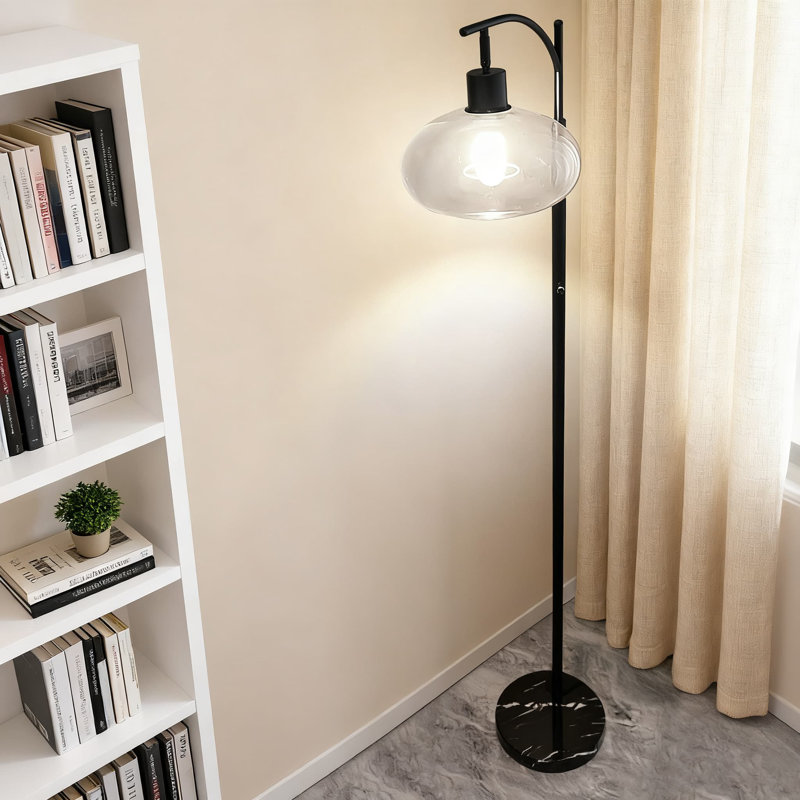 Dimmable Floor Lamp With Handblown Glass Shade And Marble Base, Modern Standing Lamp For Living Room, Office, And Bedroom, Industrial Tall Pole Design With Included LED Bulb