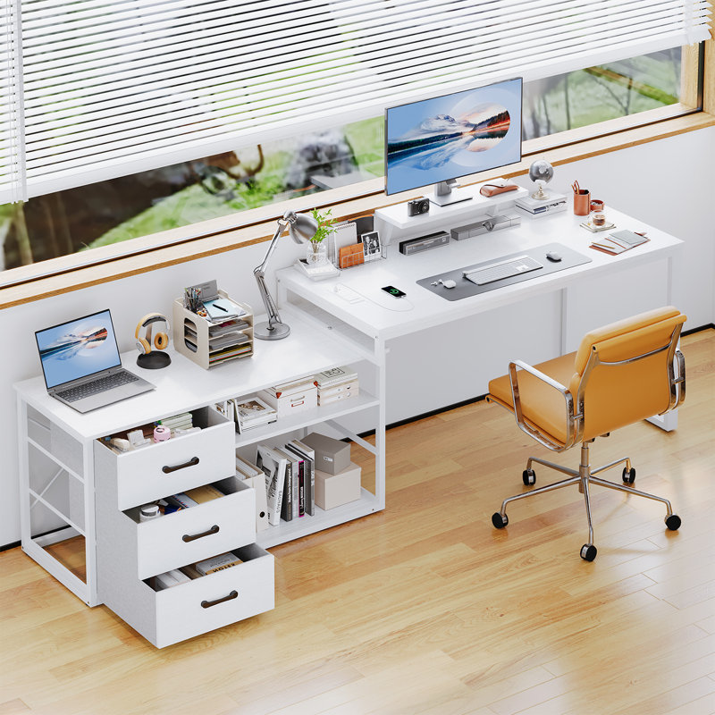 L-Shaped Metal Base Computer Desk, White, White