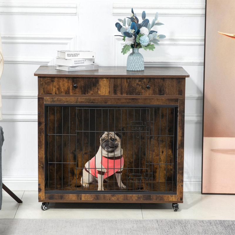 Caisse en bois pour chien avec tiroir, Petit (H 33 po x l 31,70 po x P 23,20 po), Brun