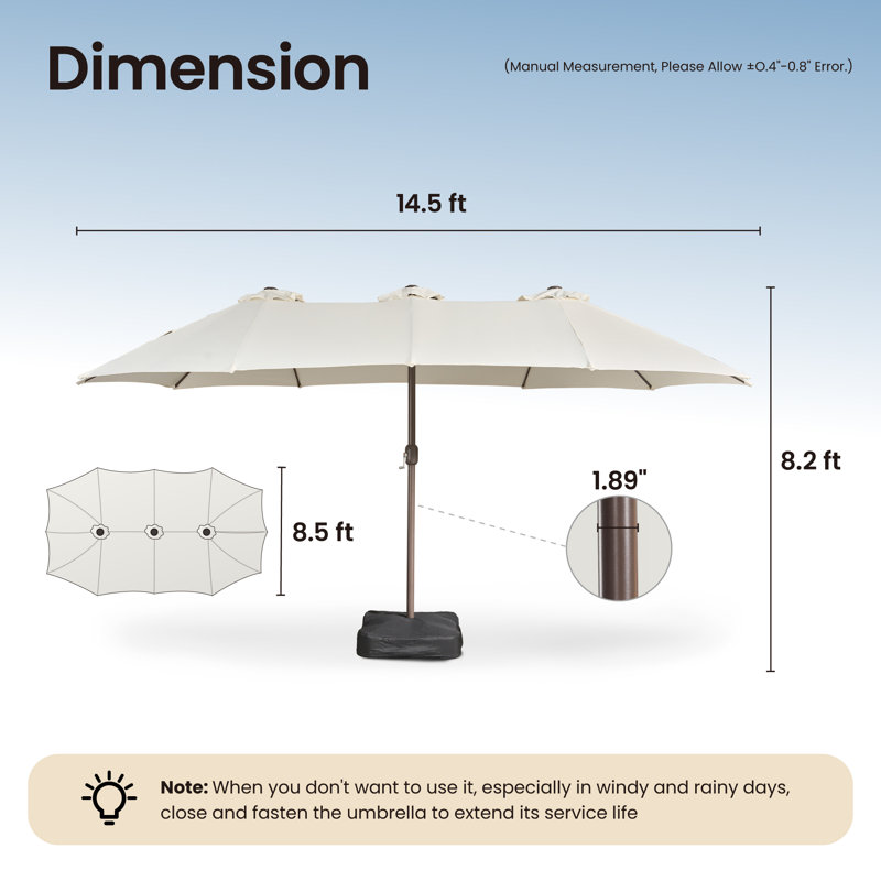 Parasol de marché rectangulaire à double face avec base Emanuell 14,5 pi X 8,3 pi, Blanc