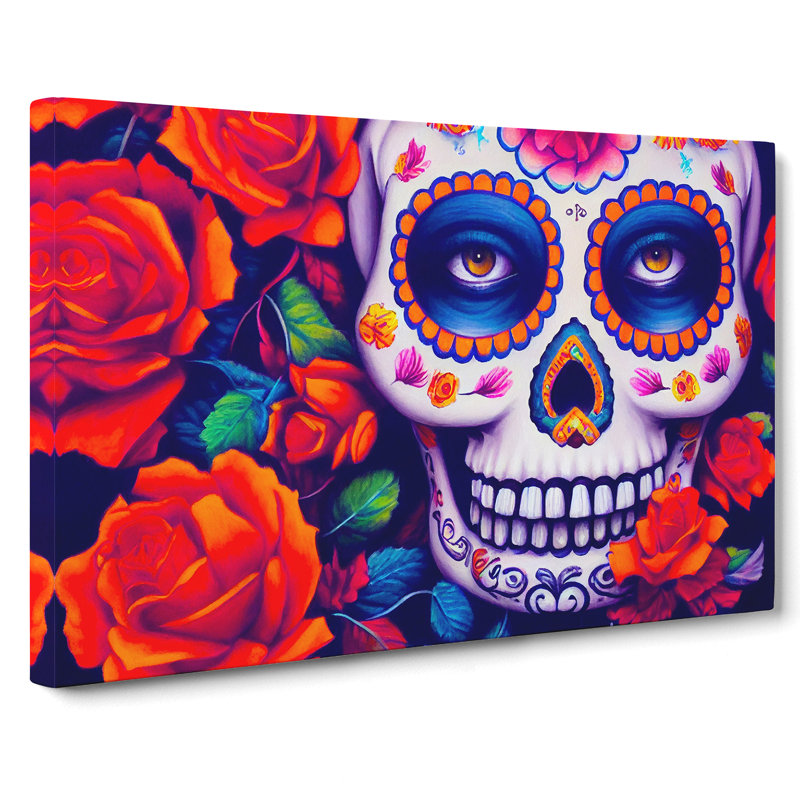 Glowing Floral Sugar Skull - Wrapped Canvas Print, 35cm H x 50cm W x 3cm D