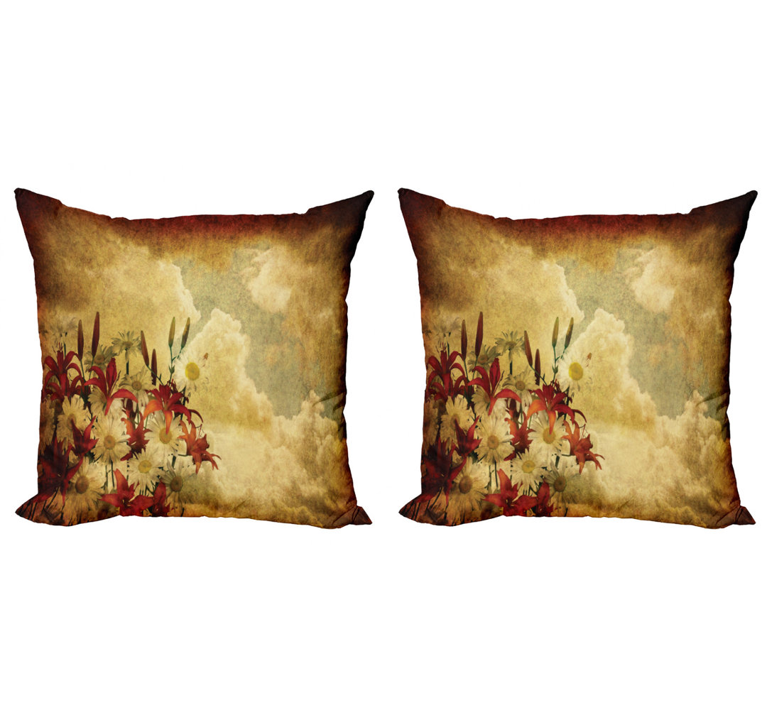 Ambesonne Burnt Orange Throw Pillow Cushion Cover Pack Of 2, Double Exposure Burnt Worn Shaggy Retro Background With Flowers Clouds Design, Zippered Double-Side Digital Print Decor, 18", Tan Orange (Set of 2) Ambesonne 