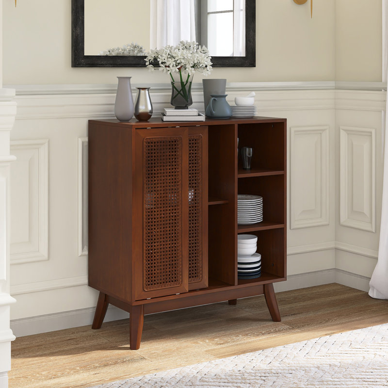 31.5" Wood Mid Century Modern Rattan Sideboard With Adjustable Shelf