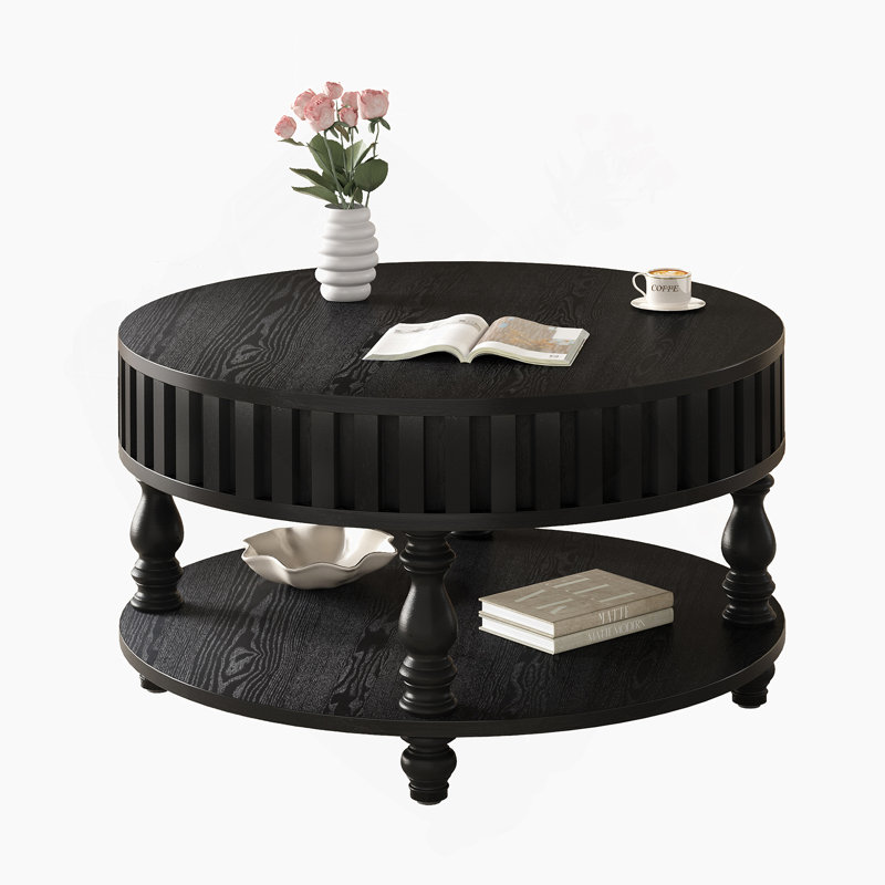 Table basse cannelée moderne à finition noire avec couvercle rabattable et pieds en bois massif pour salon Mid-Century, Noir
