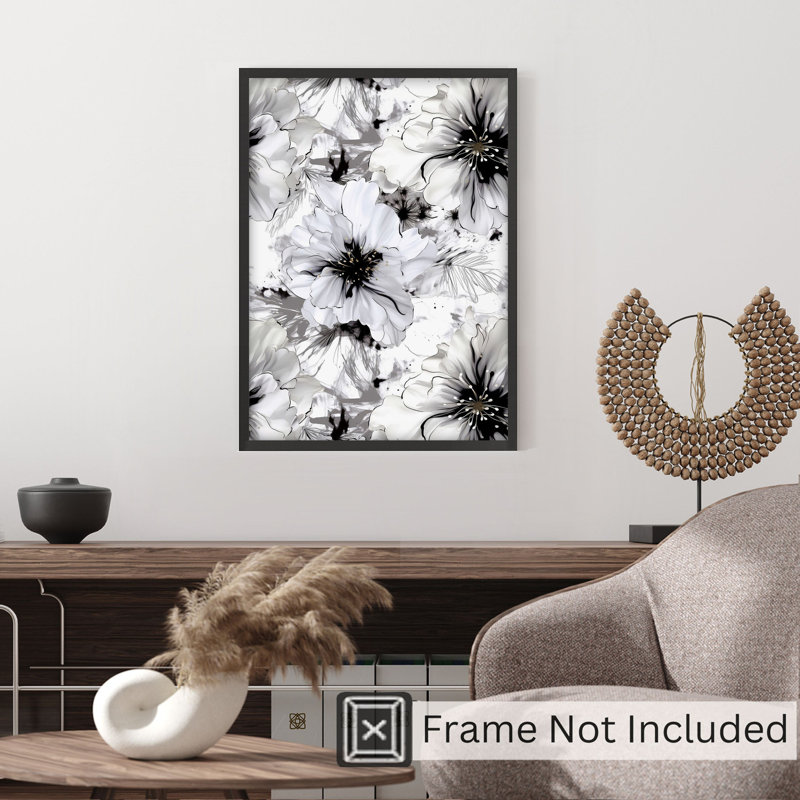 Floral noir et blanc, fleurs IV, reproduction d'art moderne sans cadre, H 14 po x l 11 po