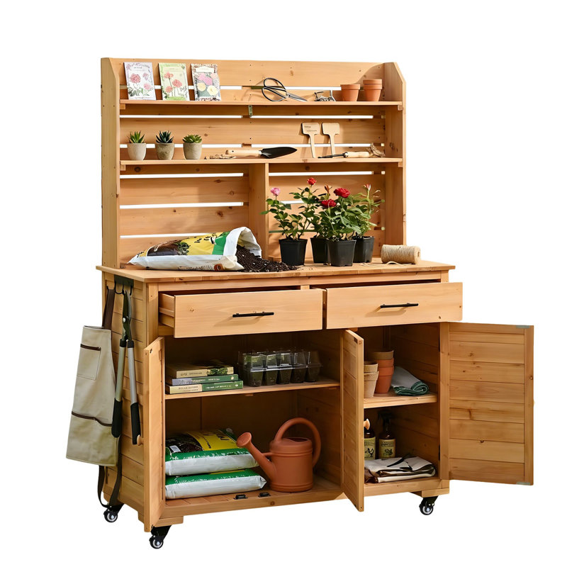 Îlot de cuisine extérieur 65 po avec roulettes verrouillables, Naturel