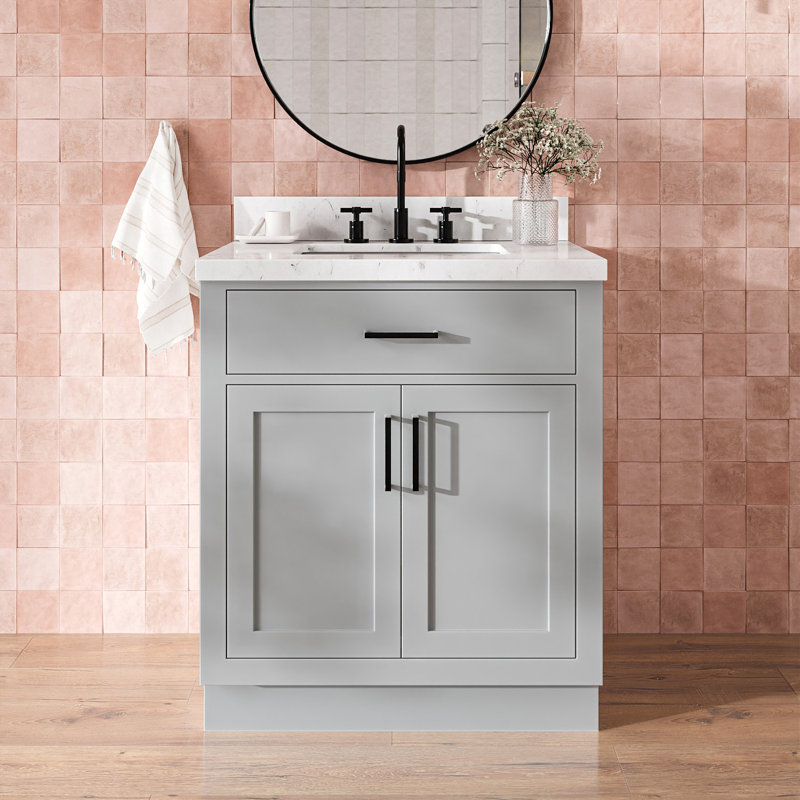 Tidworth 30'' Solid Wood Single Bathroom Vanity with 1.5'' Carrara Quartz Top, Gray / Brushed Nickel, Rectangular