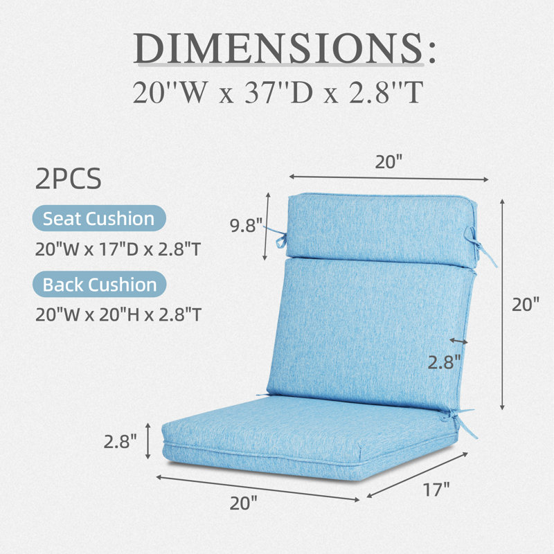 Ensemble de 2 coussins de chaise d'extérieur à haut dossier, L 20 po x P 17 po, Bleu lac