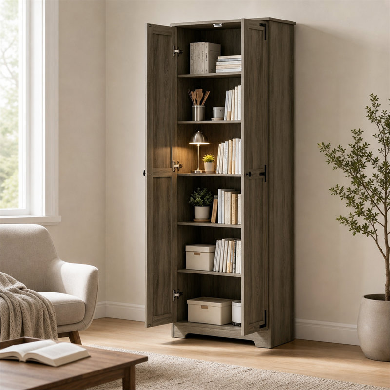 Grand garde-manger autoportant de 170 pouces de style campagnard gris vieilli avec tablettes réglables, Grey