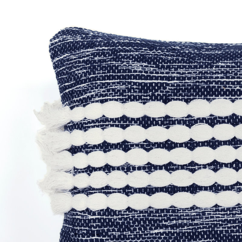 Navy and Off-White Cotton Lumbar Pillow with Tassels