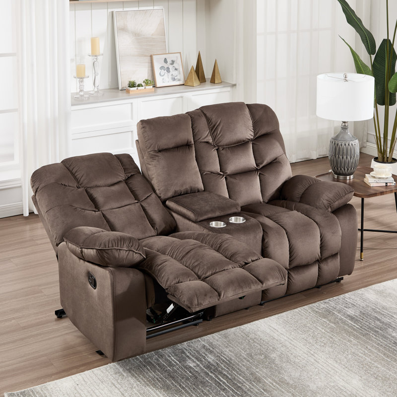 78.35'' Wide Modern Microfiber Manual Reclining Loveseat With Storage Console & Cup Holders, Brown