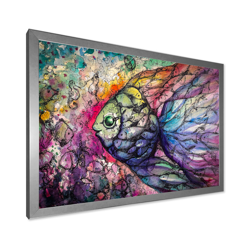 «Purple Fish», reproduction d'art sur toile traditionnelle, H 24 po x l 36 po x P 1 po, Cadre photo argenté