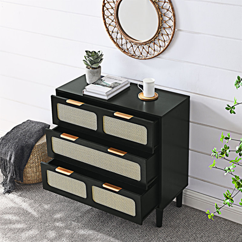 Commode moderne en rotin à 3 tiroirs, Noir, noir, noir, noir