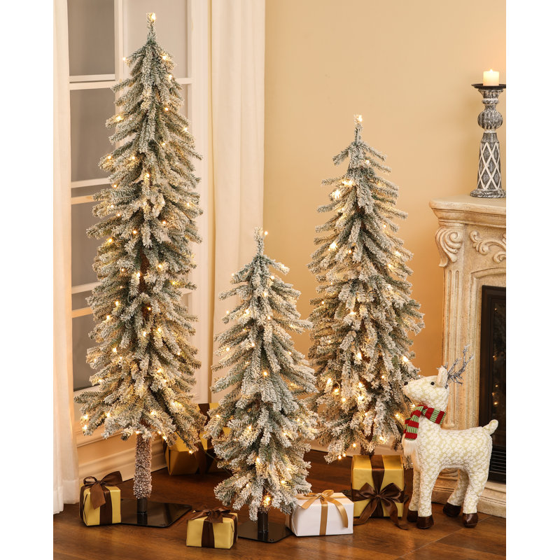 Mercury Row® Slender Green Fir Flocked Christmas Tree Set with Lights (Set of 3)