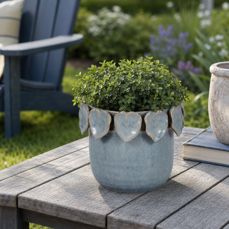Modern Leaf Accent Round Ceramic Outdoor Planter for Home Decor - Applique Indoor Flower Pots for Living Room and Patio Styling - Blue
