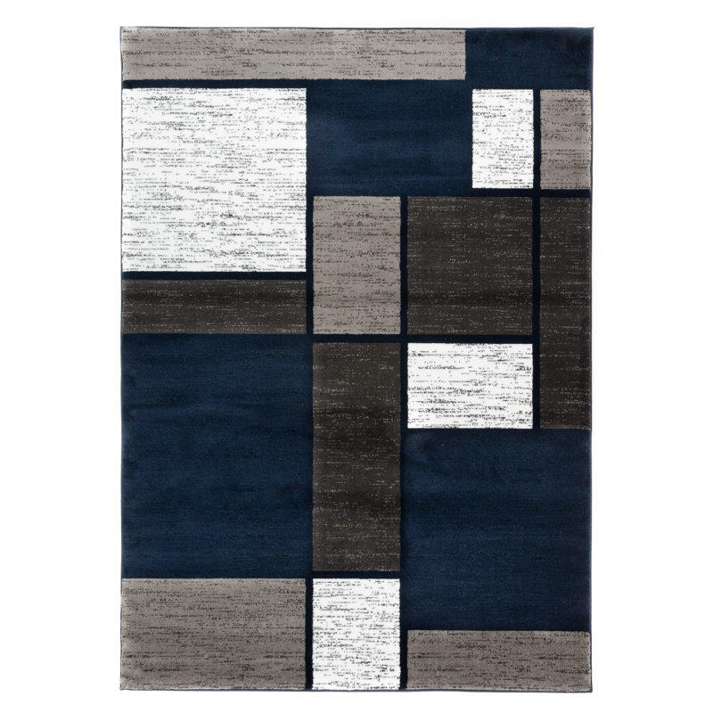 Mehul Woven Geometric Navy/Gray/White Area Rug – Modern, Durable Polypropylene, Medium Pile for Living Room, Bedroom, and Office