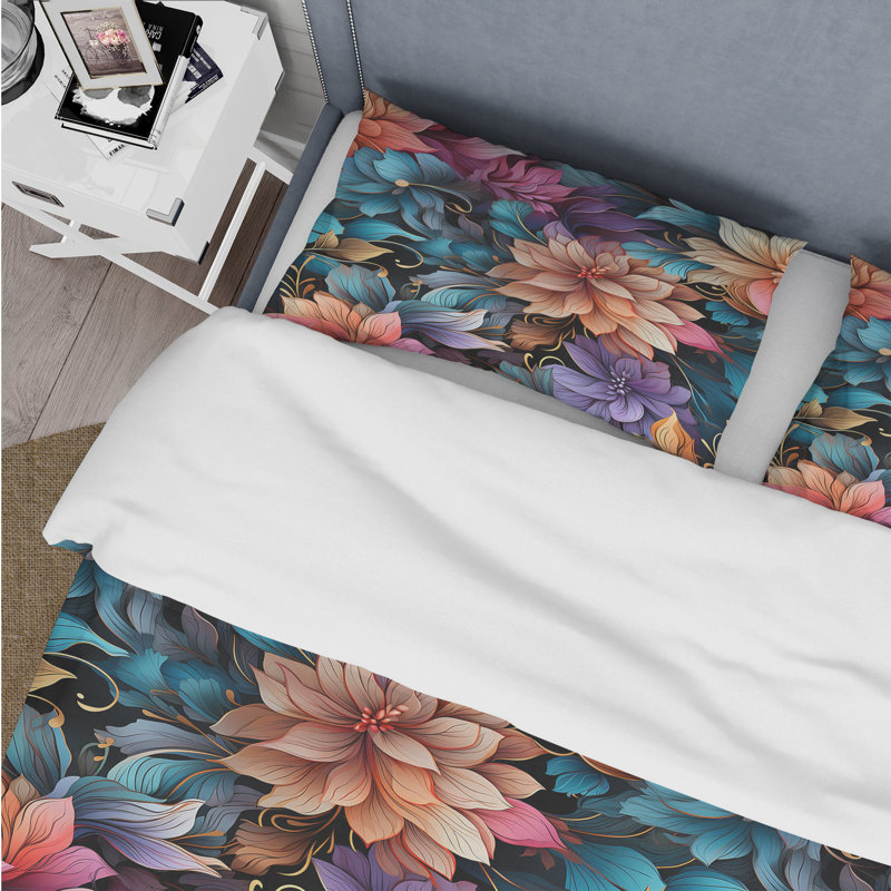 Literie multicolore à motif floral de luxe irisé, Housse de couette simple + 1 taie décorative stan