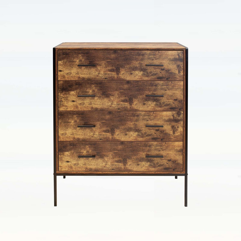 Commode à 4 tiroirs de style industriel, organisateur en bois brun rustique avec structure en acier robuste pour un rangement efficace et une esthétique moderne