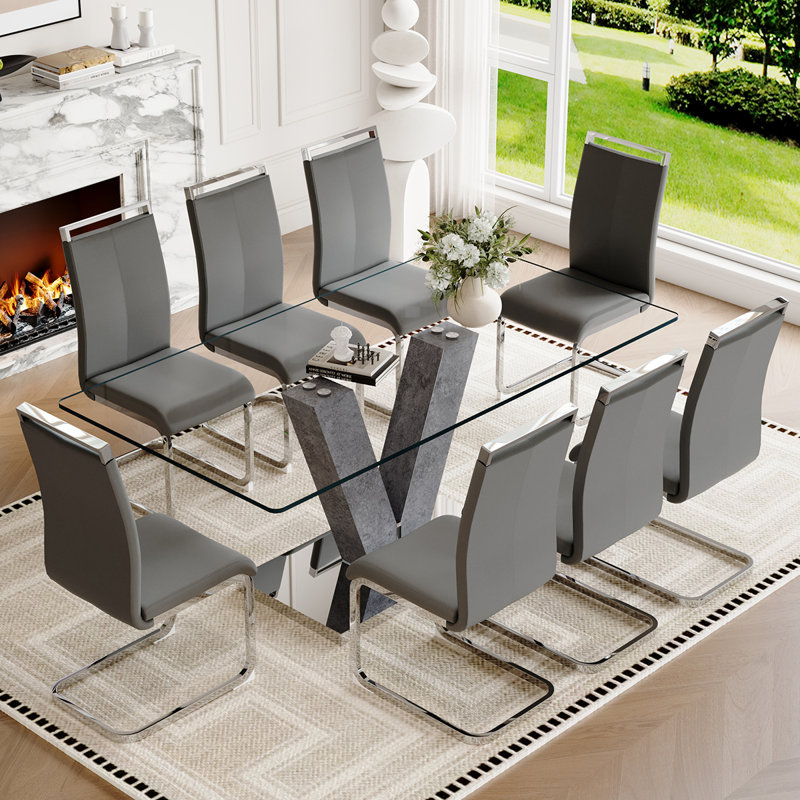 Ensemble de table de salle à manger 71 po en verre trempé 71 po pour 6 à 8 personnes - Ensemble de salle à manger en verre trempé avec chaises en cuir synthétique