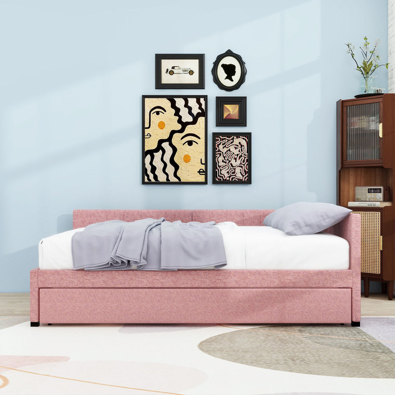 Modern Upholstered Daybed with Twin Trundle, Full / Double, Pink