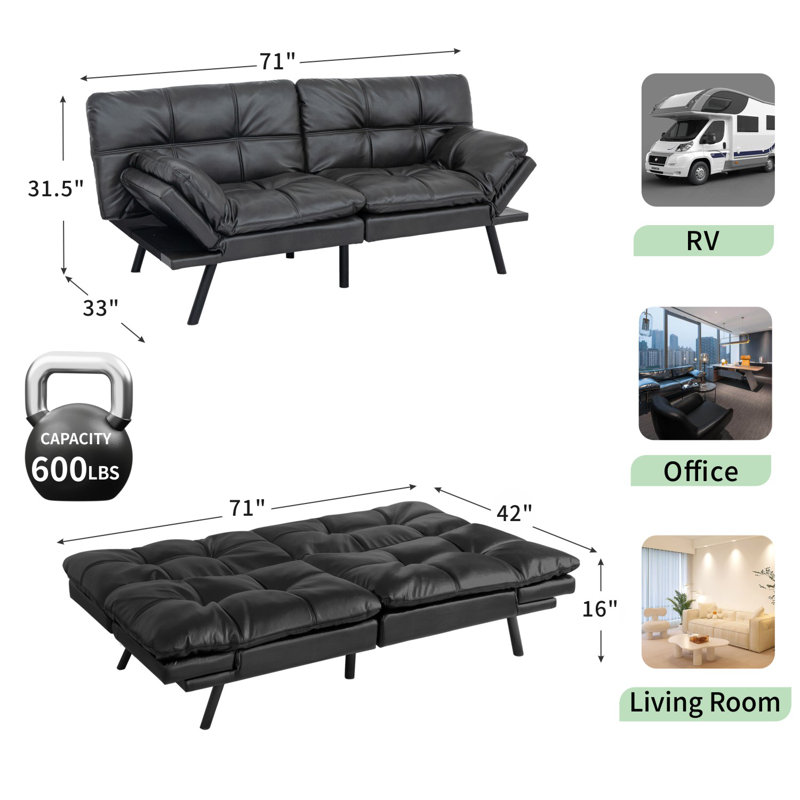71 Inch 3-In-1 Futon Couch Sofa Bed - Easy Assembly Sleeper For Overnight Guests, Matte Black
