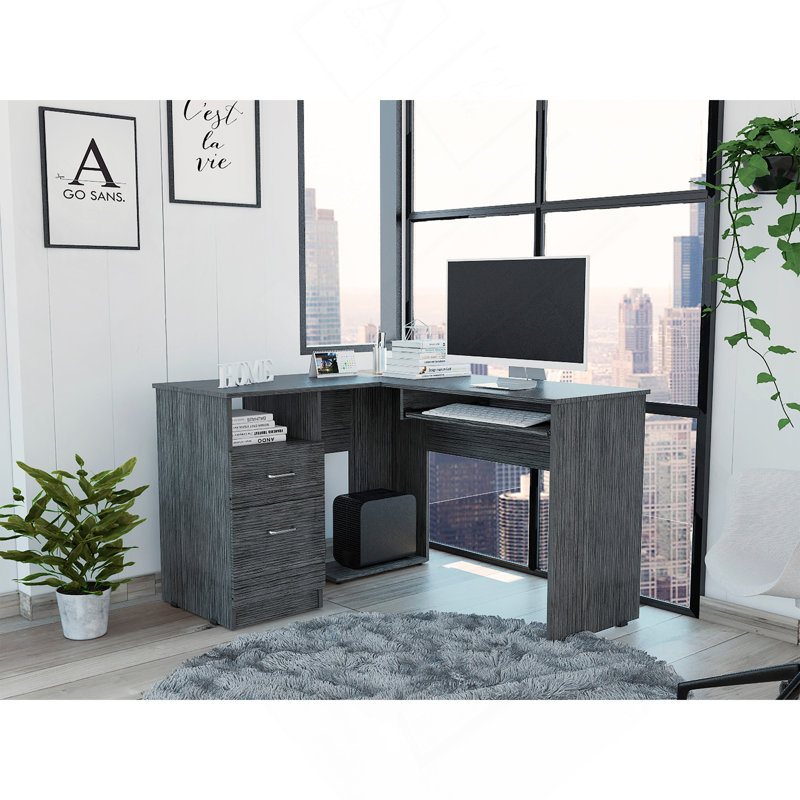 Bureau mixte en L, plateau à clavier, deux tiroirs, tablette ouverte simple - chêne Smokey, Gris fumée, Gris fumée