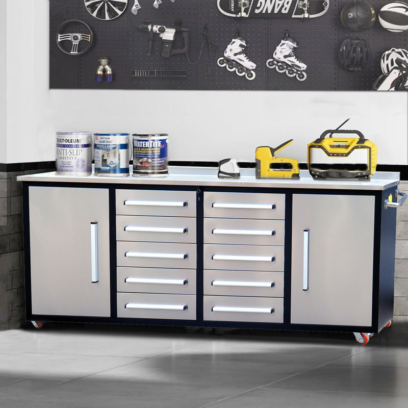 7Ft Storage Cabinets With Workbench (10 Drawers & 2 Cabinets) Silver, Silver