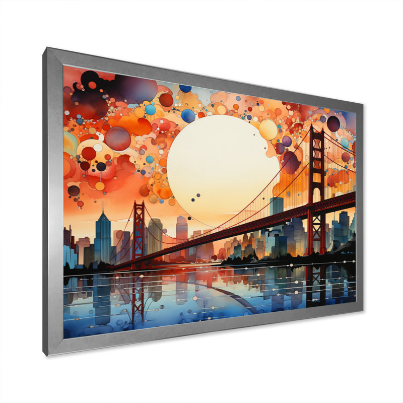 Orange Bridge Gateway Pointillism I, reproduction d'art sur toile, H 34 po x l 44 po x P 1,5 po, Cadre photo argenté