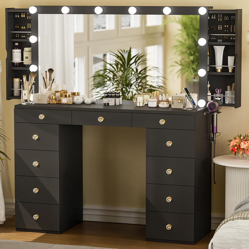 Makeup Vanity Desk With 11 Drawers, Hidden Jewelry Storage Cabinet, AC Outlets,Usb Power Outlet And 12 Adjustable Light