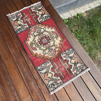 Small Vintage Turkish Rug in Red Boho Style For Versatile Use in Your Home