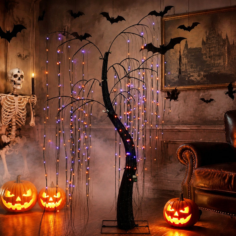 Décoration d'Halloween extérieure en saule de 2 m (6,5 pi) avec 8 modes d'éclairage, minuterie et lumières DEL