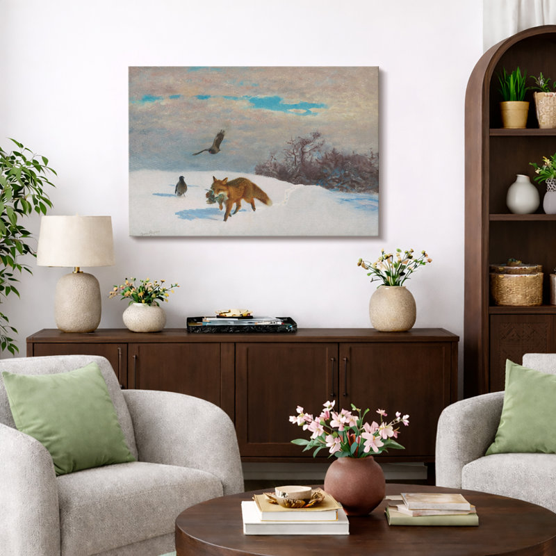 Illustration d'un renard roux avec proie et oiseaux dans la neige, images de chambre à coucher, impression sur toile encadrée
