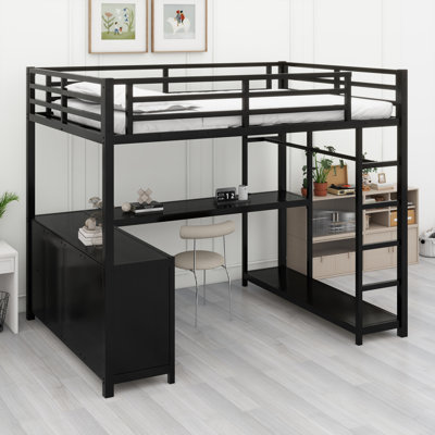 Space-Saving Loft Bed Featuring Built-in Wardrobe, L-Shaped Desk, and Storage Boxes