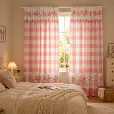 2Pcs Pink Gingham Floral Curtains, Vintage Farmhouse French Country Style Rod Pocket Window Drapes for Living Room Bedroom Kitchen Decor