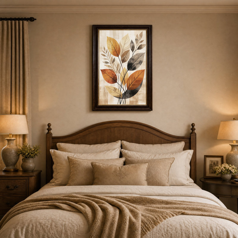 Tableau mural en toile beige texturée représentant des feuilles stylisées orange et grises, H 18 po x l 12 po
