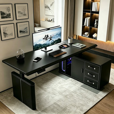 78.74" Italian Light Luxury L-Shaped Electric Height-Adjustable Desk in Black Saddle Leather – Dual Motor, Storage Cabinet, Built-in Power Outlet