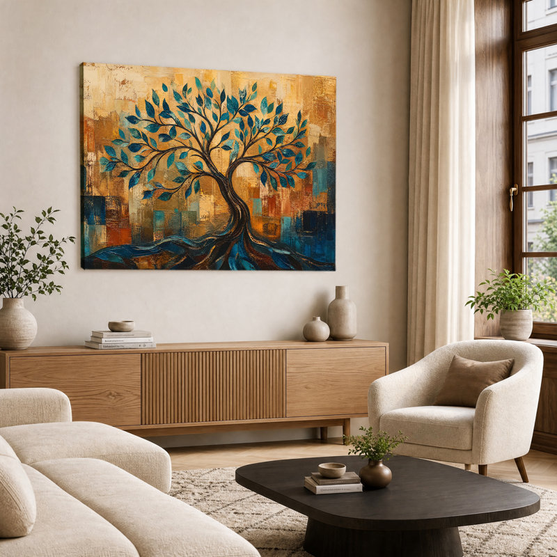 Impression sur toile, art texturé épais, peinture à l'huile, feuille de sarcelle, arbre de vie, bloc géométrique, décoration murale
