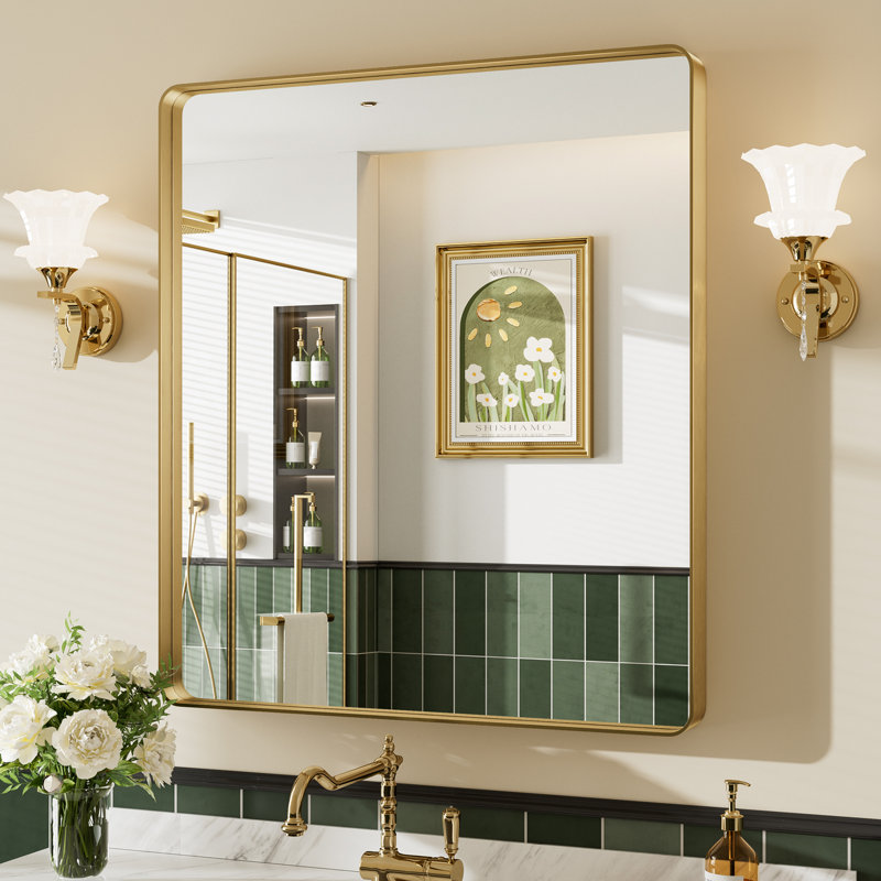 Miroir de salle de bain mural Llesenia, 36 po x 32 po, Or brossé, Rectangulaire