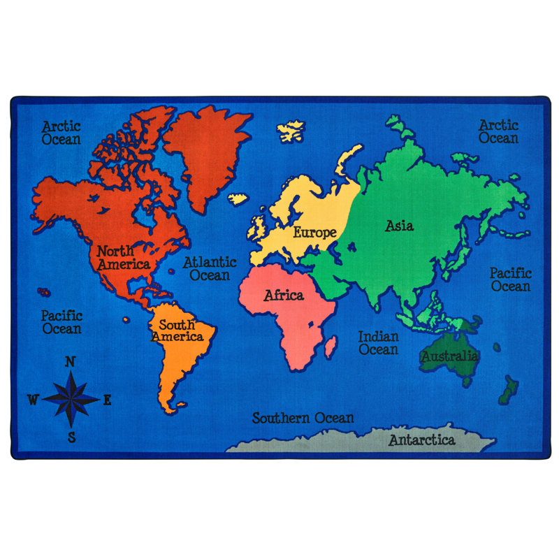 World Map Geography KID$Value Plus Tufted Blue Area Classroom Rug, Rectangle 6' x 9'