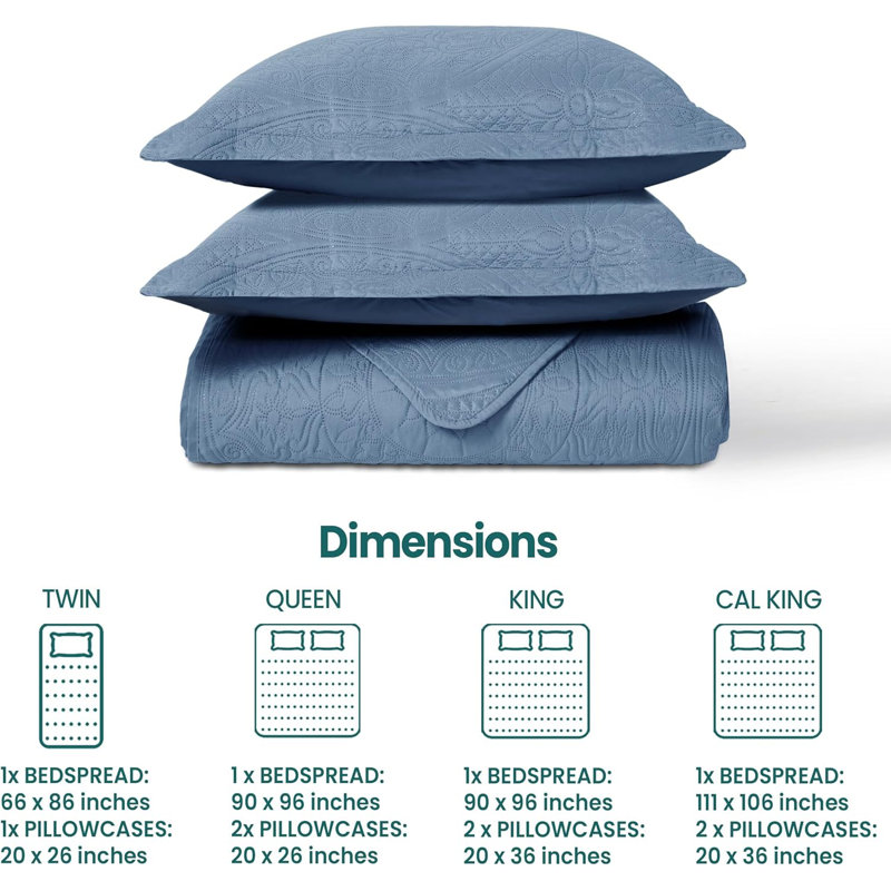 Lightweight Summer Bedspreads - 3 Piece Oversized Quilt Set - Reversible Coverlet Set -Queen Size, Bluish Gray Floral