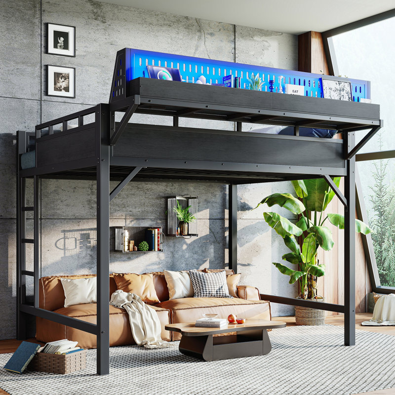 Lit mezzanine en métal avec tablettes de rangement, panneau perforé, lumières USB et DEL, Queen, Black
