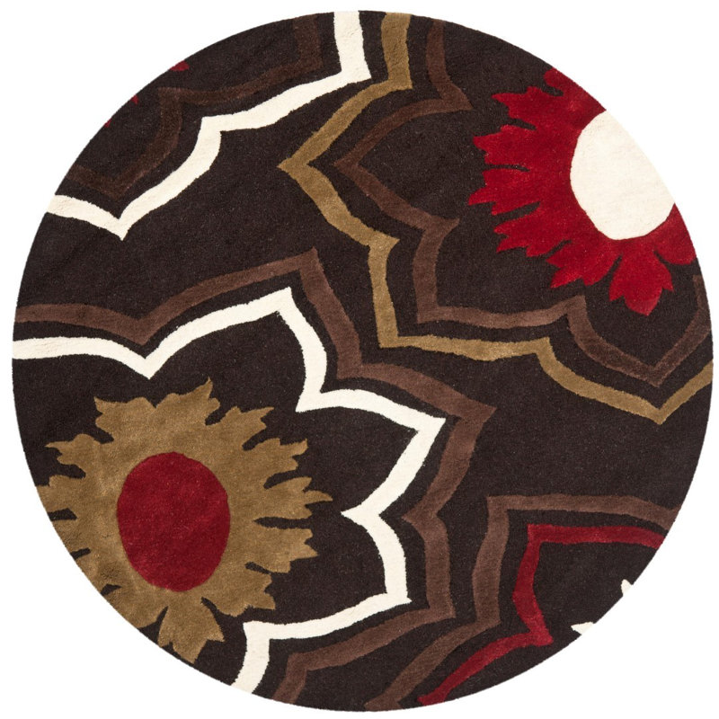 Candelo Hand Tufted Wool/Viscose Floral Rug in Red/Brown, Round 6'