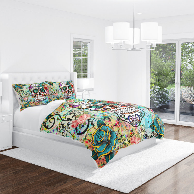  Housse de couette simple Jungle Sugar Skull, Housse de couette grand + 2 taies décoratives
