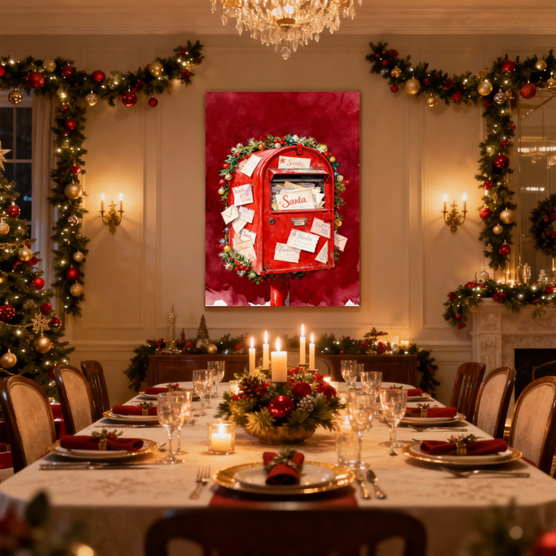 Boîte aux lettres rouge de Noël avec couronne de Noël et lettres, ensemble de 3 impressions sur toile, H 24 po x l 16 po