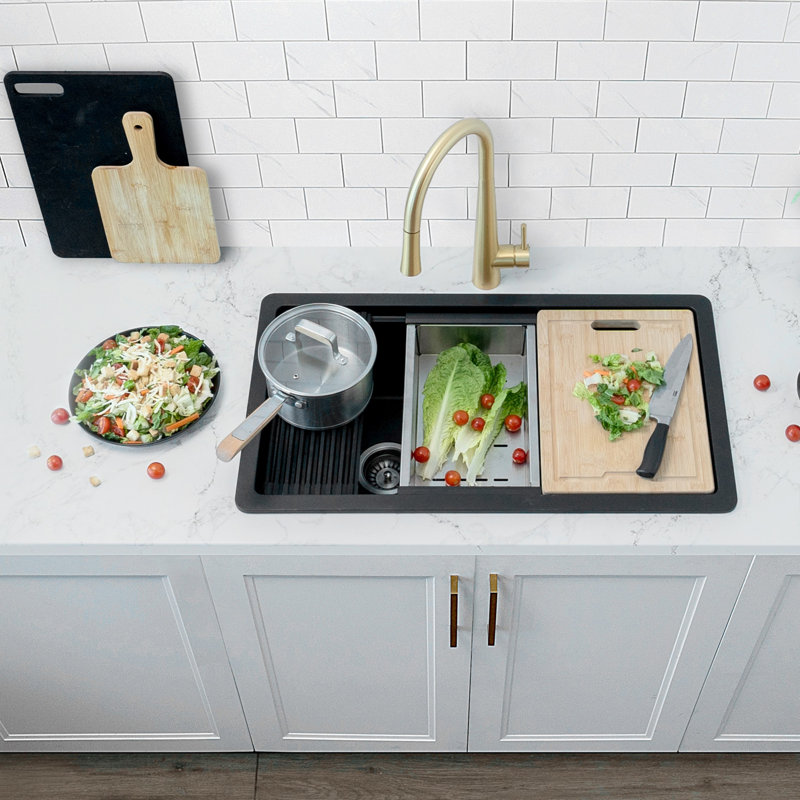 Granite Composite Double Bowl Kitchen Sink with Pi, Noir