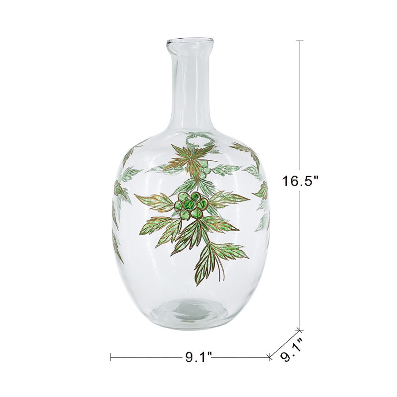 Vase arrondi en verre transparent avec col étroit et motif botanique vert et or, H 16,5 po
