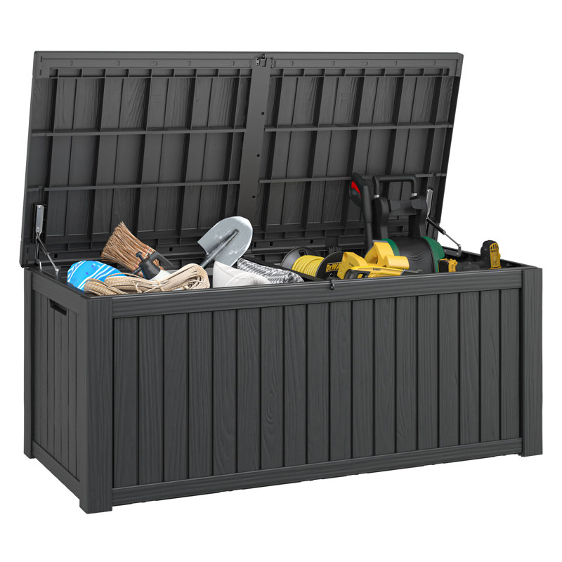 Boîte de rangement extérieure 200 gallons imperméable avec couvercle verrouillable, Noir, H 29,2 po x l 60,8 po x P 28,4 po